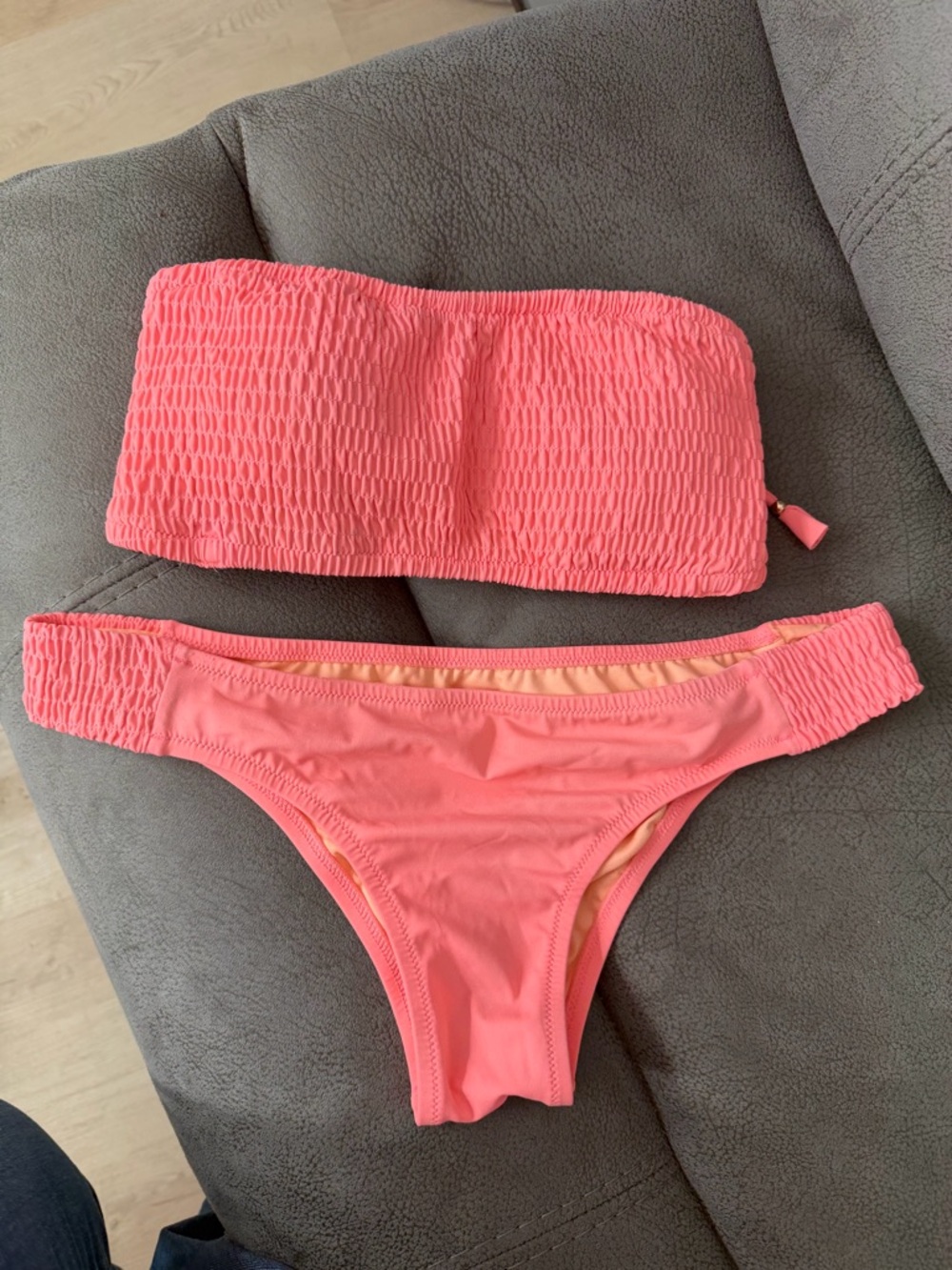 PINK Victoria's Secret Coral Pink Smocked Bandeau Bikini Set